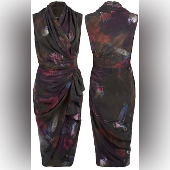ALLSAINTS spitalfields Poisen dark bird print silk wrap dress - Picture 2 of 12